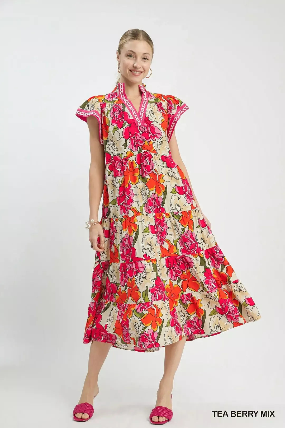Umgee Tea Berry Mix Bold Floral Tiered Midi Dress