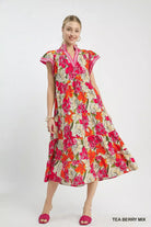 Umgee Tea Berry Mix Bold Floral Tiered Midi Dress