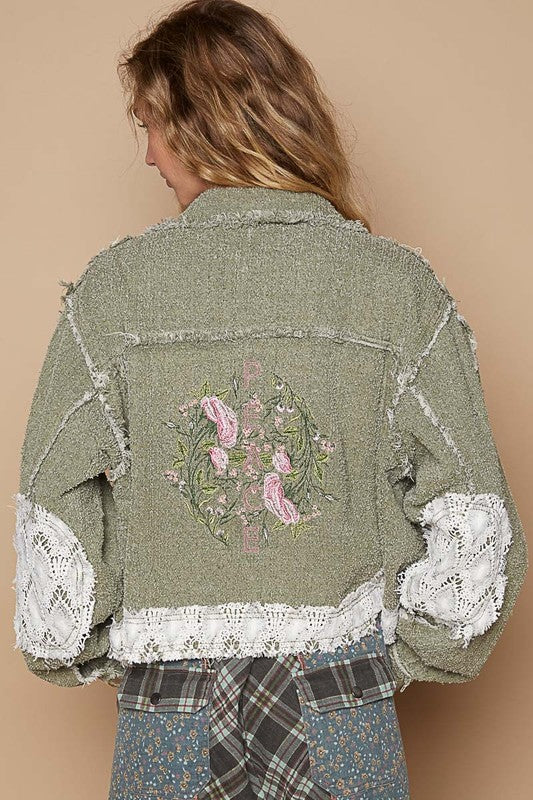 POL Olive Crochet Patch Embroidered Button Up Jacket Coats & Jackets