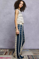 POL Natural & Navy Openwork Wide Leg Pants with Stripe Detail
