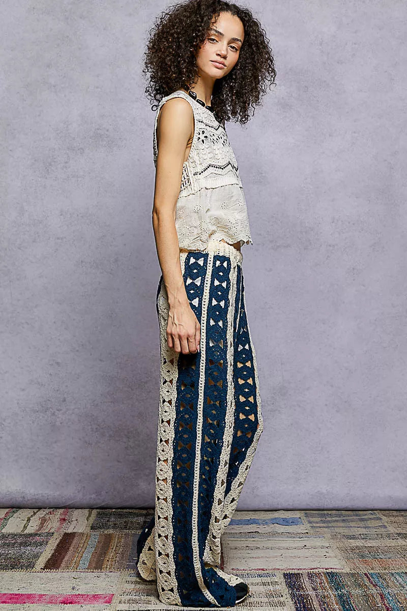 POL Natural & Navy Openwork Wide Leg Pants with Stripe Detail