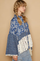 POL Peacock Blue Lace Hem Embroidered Long Sleeve Shirt Shirts & Tops