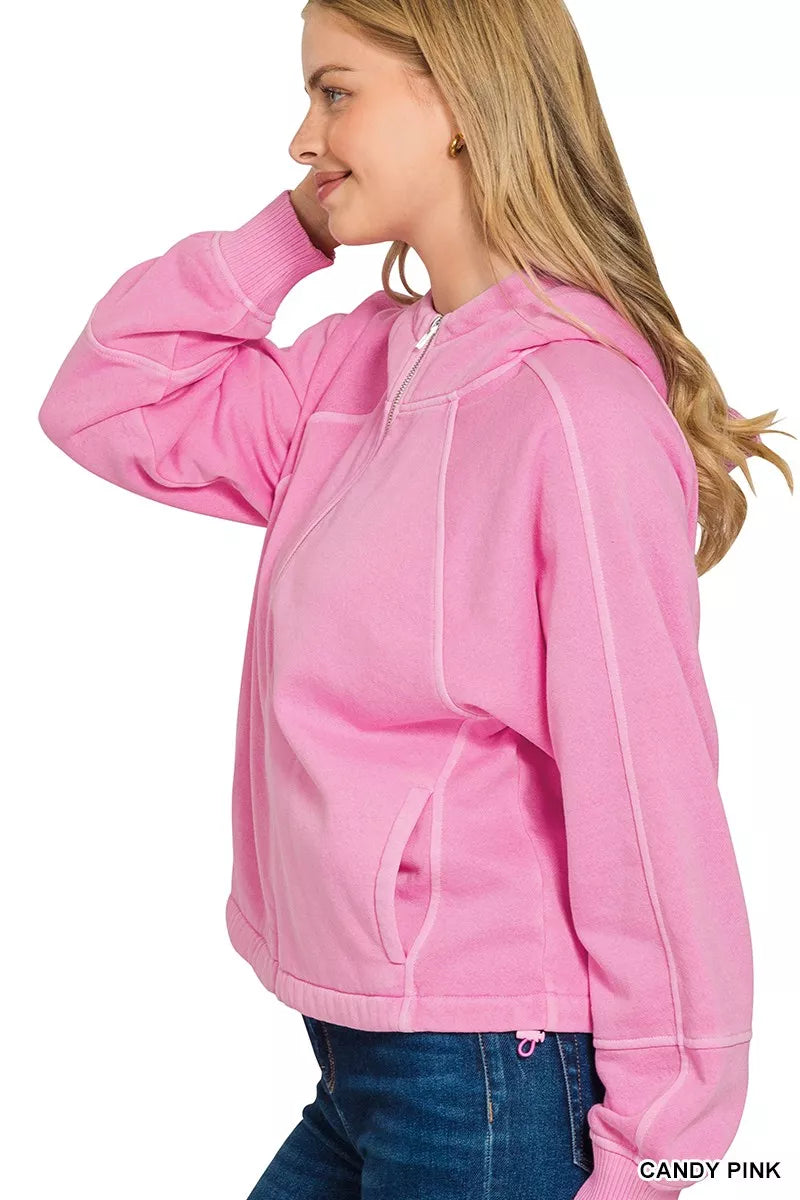 Zenana Candy Pink Fleece Pigment Dye Zip Up Hoodie with Pockets