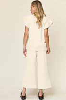 Double Take Quilted Textured Ruffle Short Sleeve Top and Drawstring Wide Leg Pants Set Trendsi