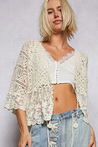 POL Floral Lace Short Sleeve Crochet Cardigan with Tassel Tie