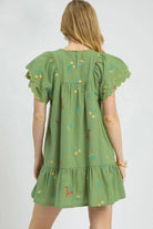 Umgee Green Floral Embroidered Short Flutter Sleeve Mini Dress