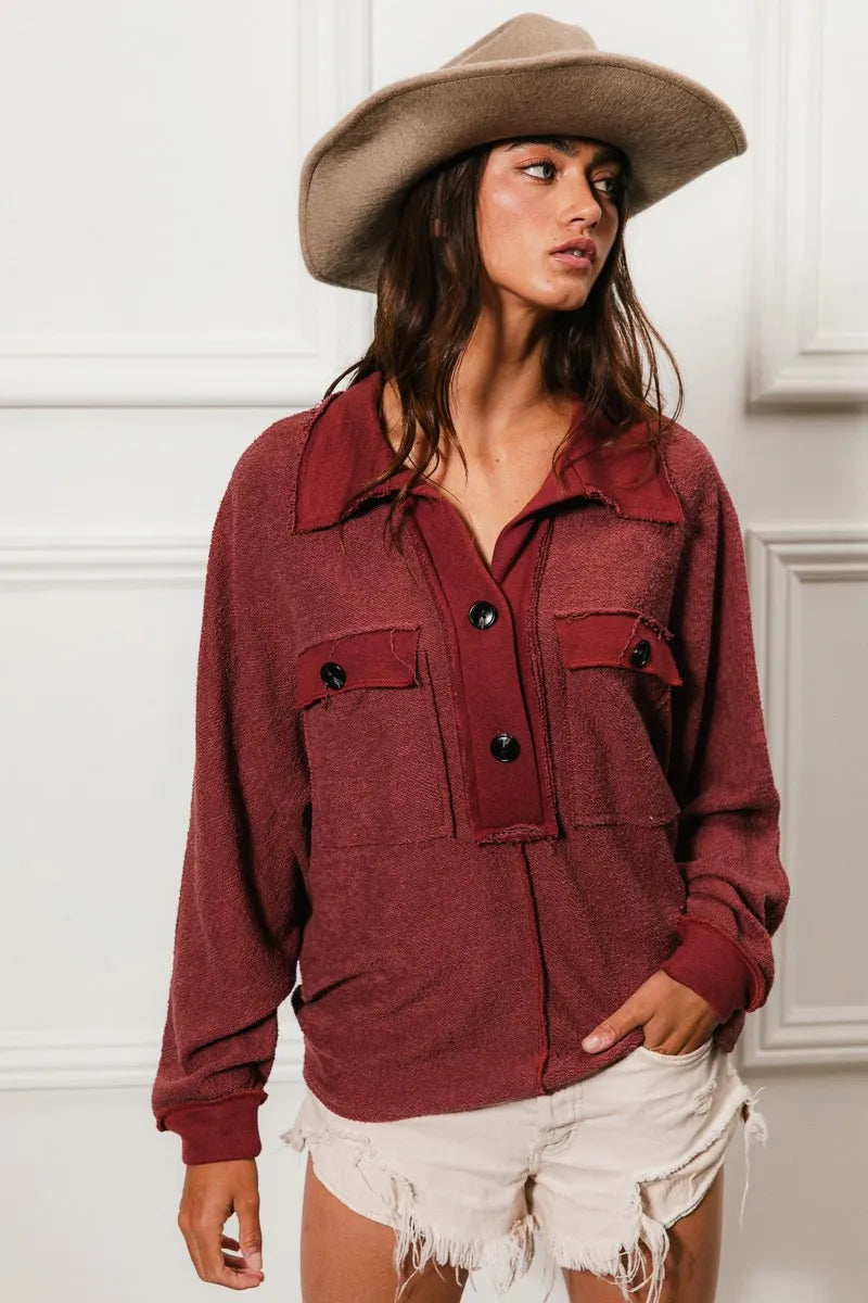 BiBi Marsala French Terry Cut Edge Detail Collared Long Sleeve Top