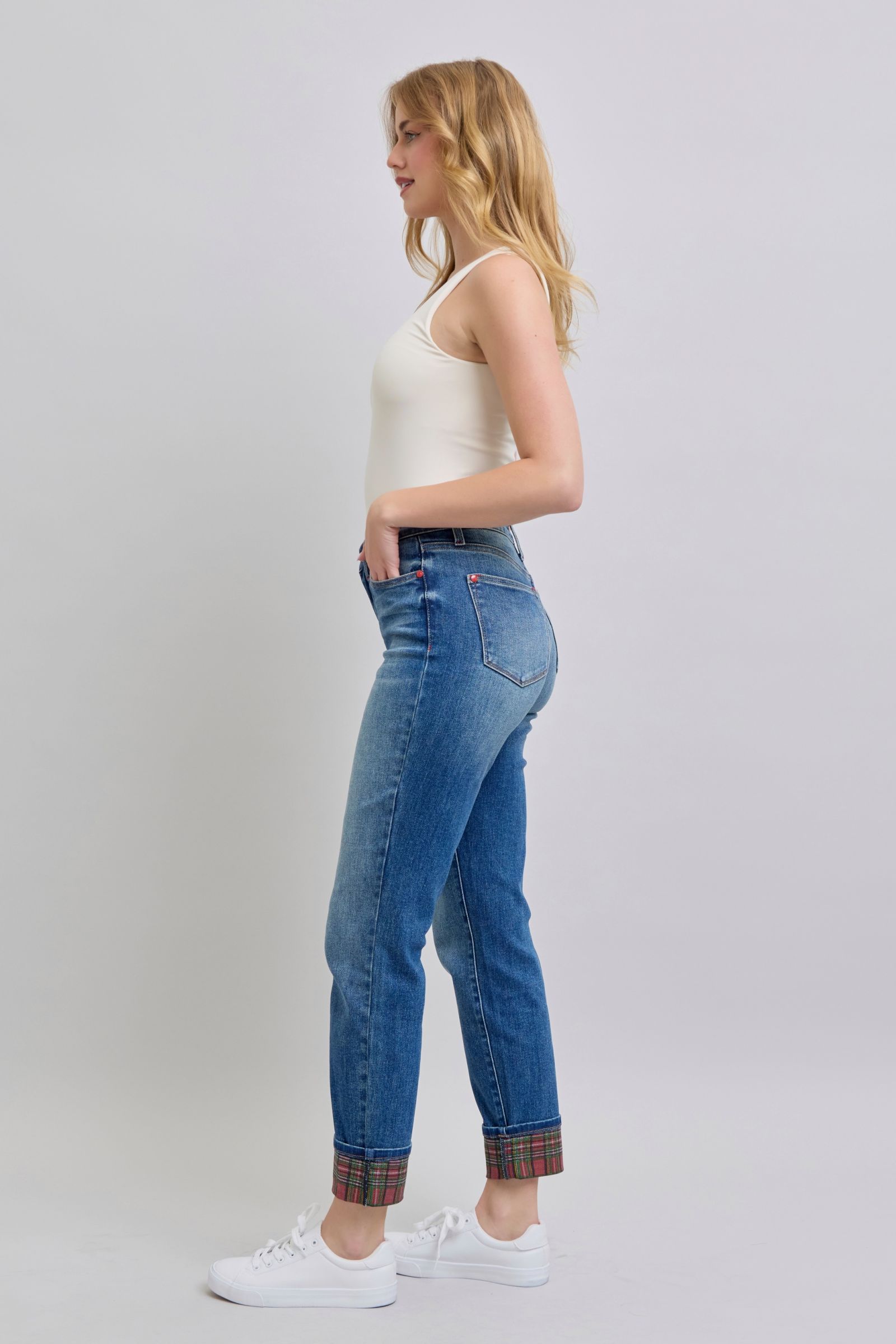 Judy Blue Plaid Print Cuff Straight Leg Mid-rise Boyfriend Jeans Jeans