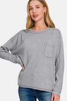 Zenana Gray Contrast Stitching Brushed Ribbed Hacci Knit Top Gray Shirts & Tops