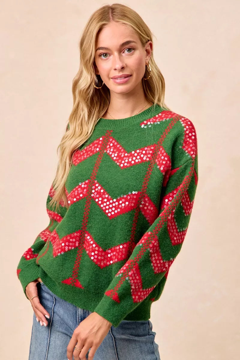 BiBi Hunter Green & Ref Christmas Theme Chevron Sequins Detail Sweater
