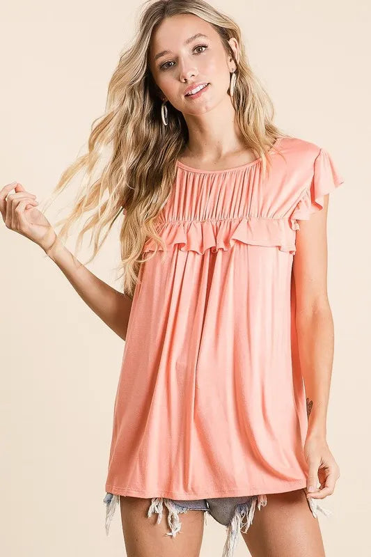 BiBi Jersey Knit Gathered Top with Ruffles