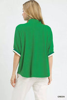 Umgee Green Textured Knit Top with Striped Contrast Trim