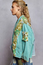 POL Denim & Teal Button Down Floral V-Neck Long Sleeve Raw Hem Top