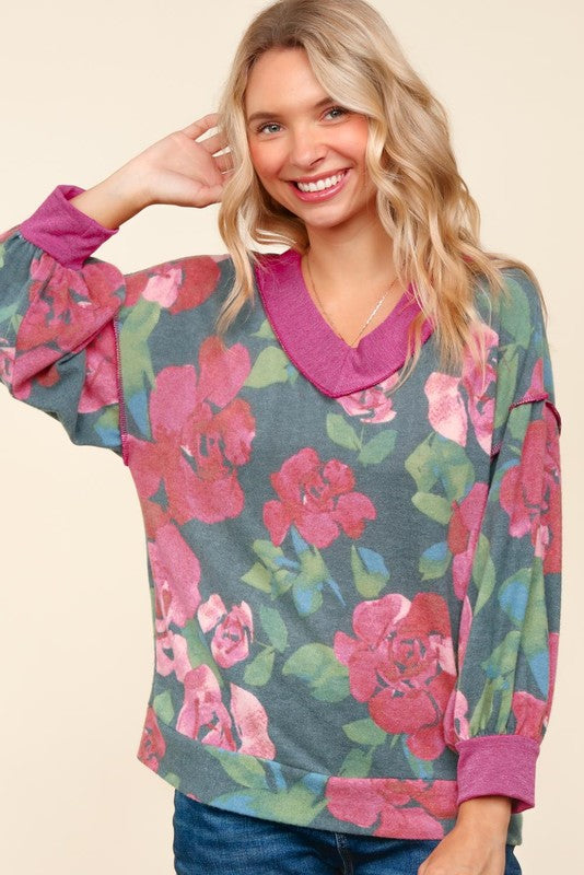 Haptics Beautiful You Vintage Teal Floral Print V Neck Hacci Knit Sweater Haptics