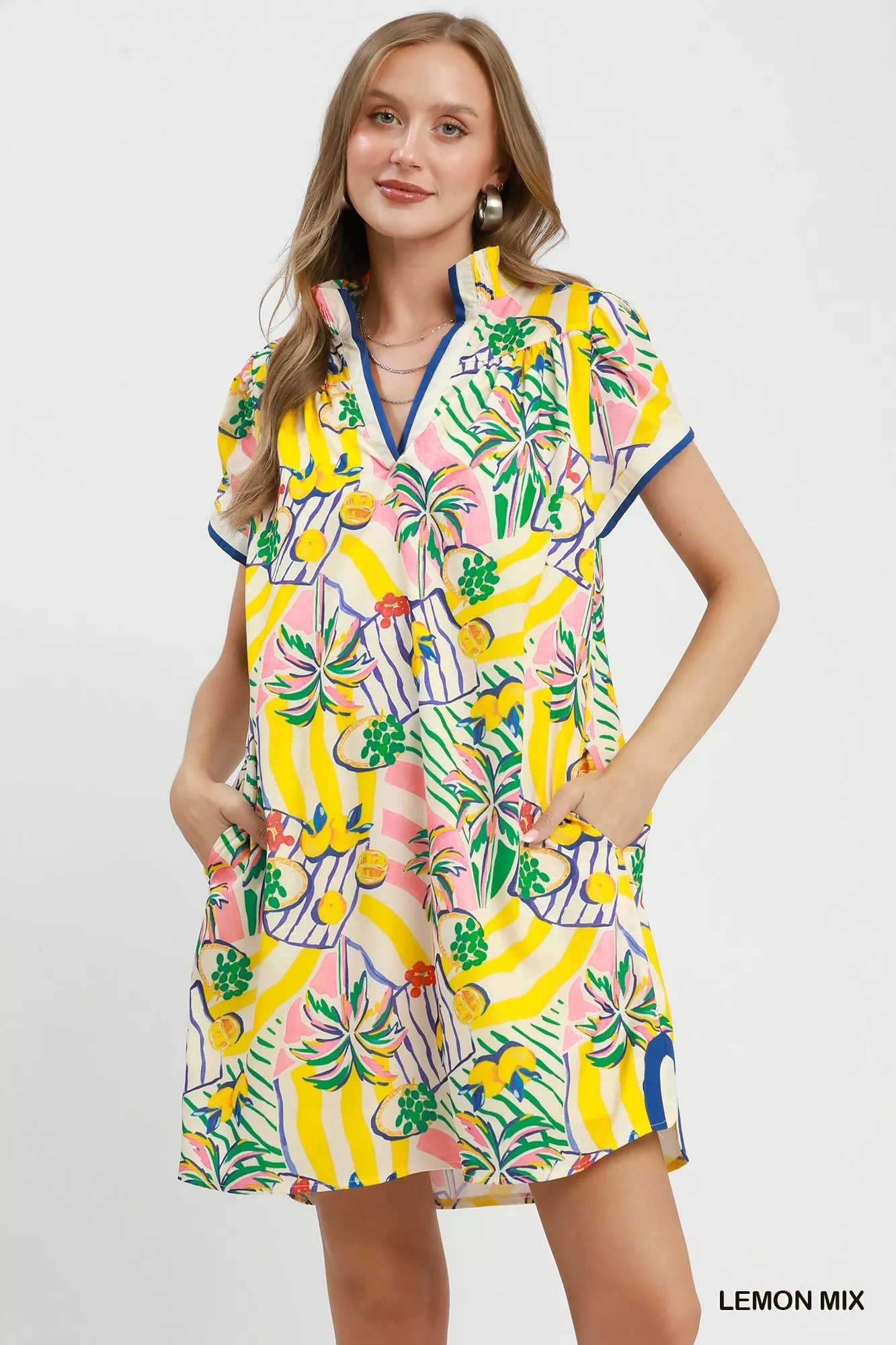 Umgee Tropical Print Collared Shift Dress LEMON MIX