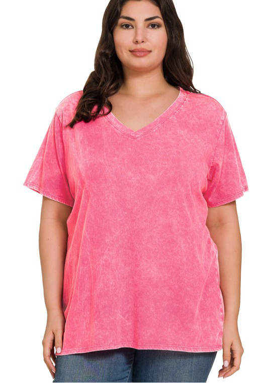 Zenana Strawberry Acid Washed Short Sleeve V-Neck T-Shirt Shirts & Tops