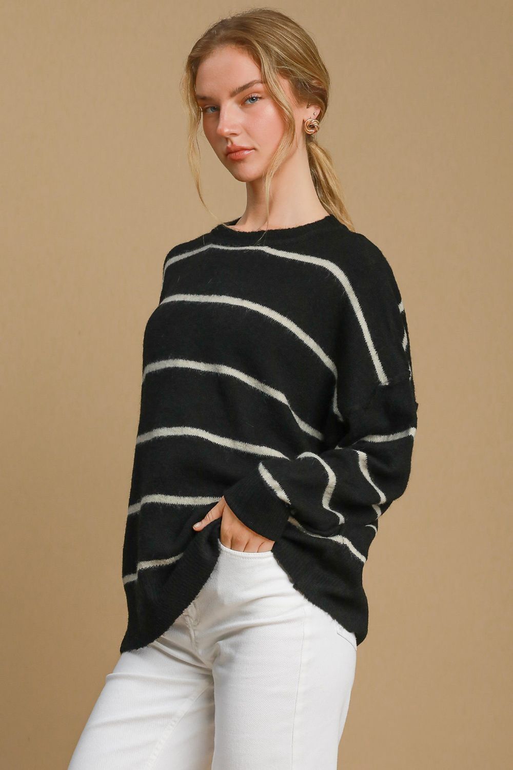 Umgee Black & Cream Wool Blend Striped Round Neck Sweater Shirts & Tops