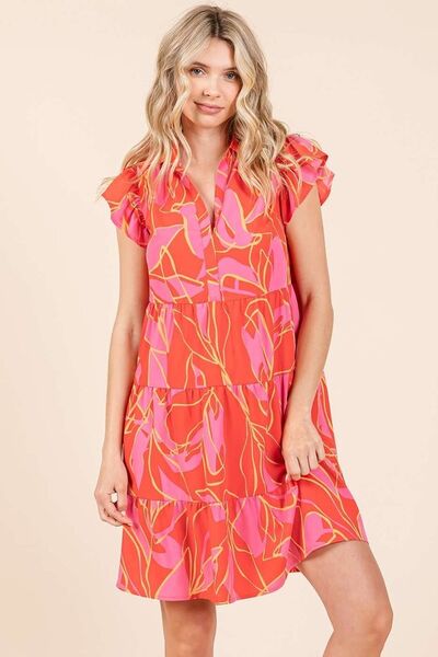 Mittoshop Coral Leaf Print Ruffle Sleeve Tiered Mini Dress Coral