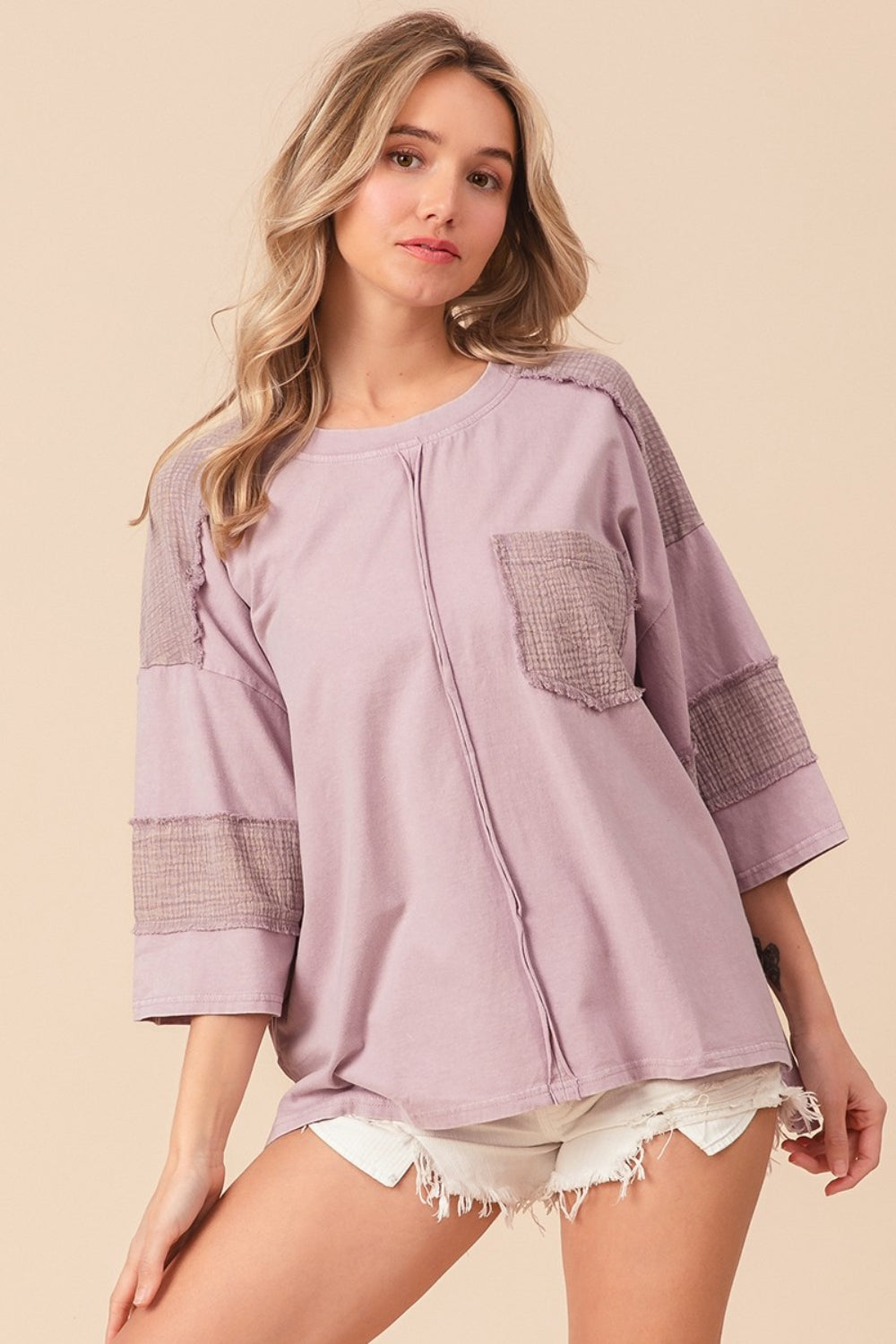 BiBi Dusty Lavender High-Low Washed T-Shirt Trendsi