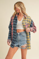 Aemi + Co Frayed Hem Color Block Plaid Drop Shoulder Long Sleeve