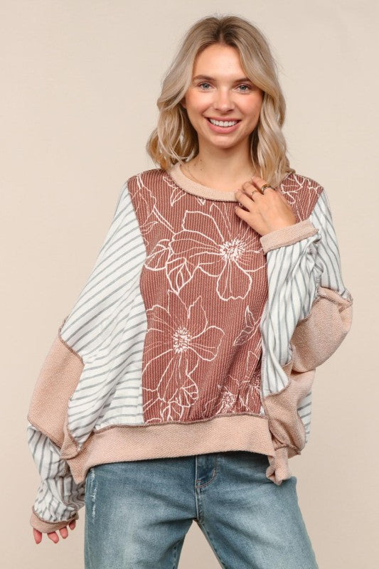 Haptics Mocha/Oatmeal Oversized Striped and in Floral Long Sleeve Dolman Top