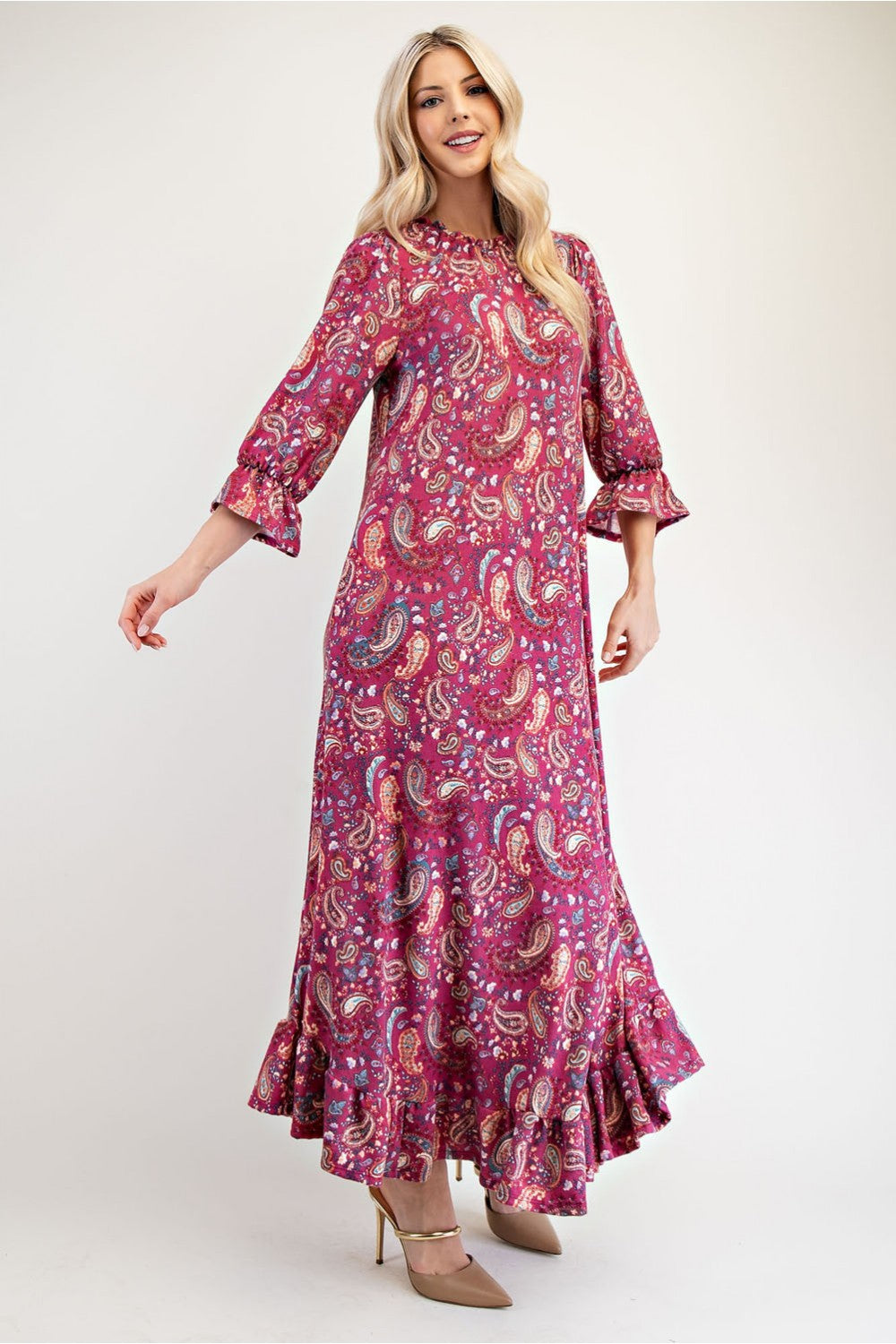 Celeste Cerise Ruffle Hem Paisley Round Neck Maxi Dress Dresses