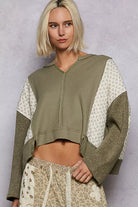 POL Olive Mix Thermal Floral Pattern Quilted Knit Cropped Top with Raw Edge Detail OLIVE