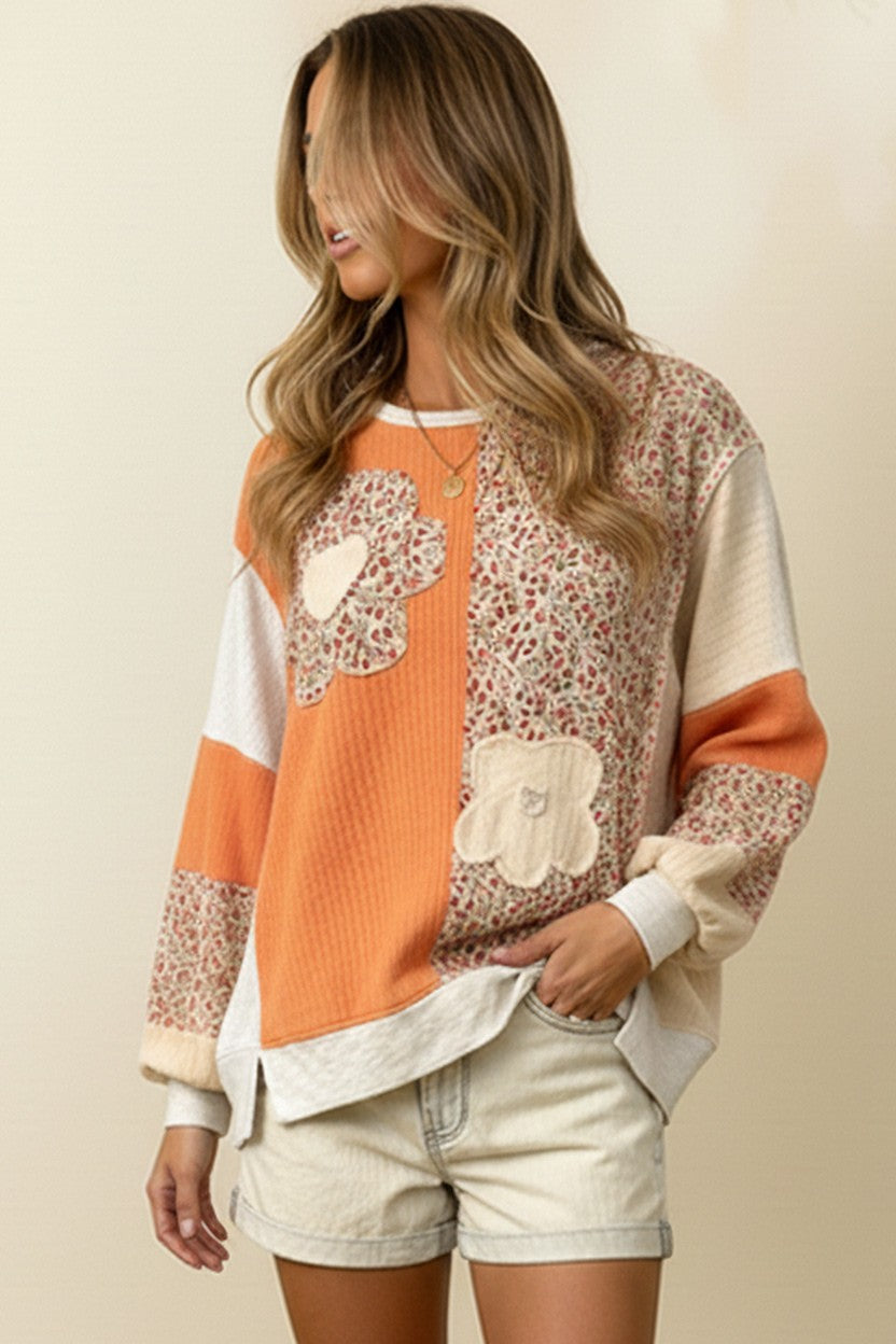 Haptics Cream & Orange Floral Patchwork Color Block Oversized Top