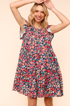 Petal to the Metal Flutter Sleeve Dress in Navy/Coral Womens