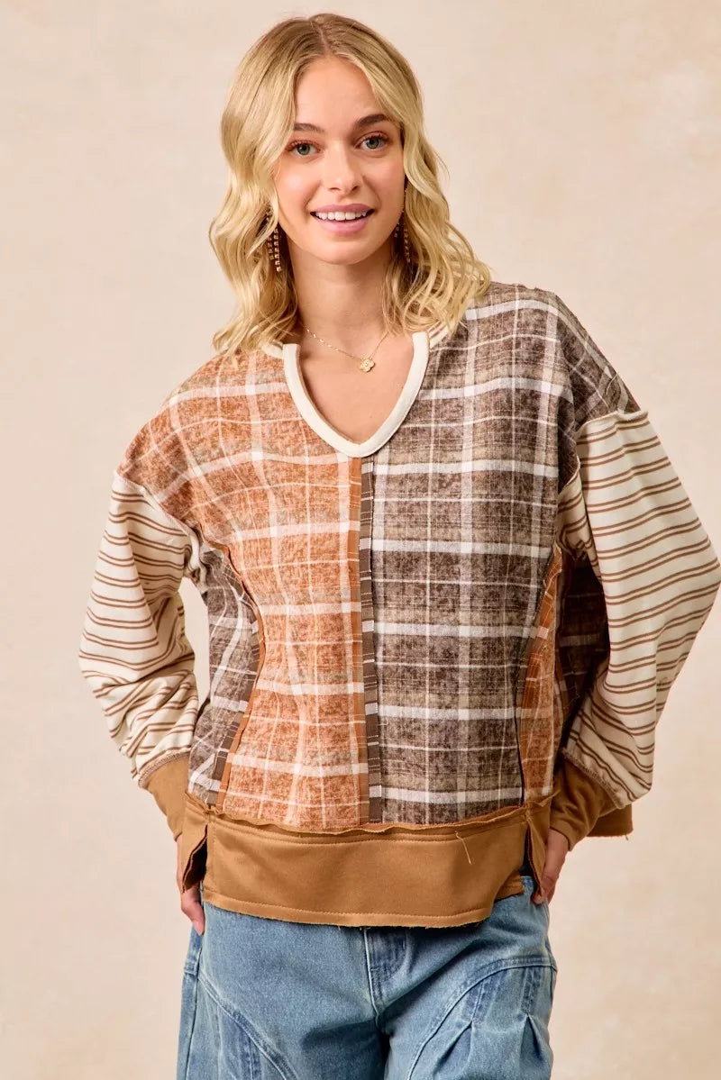 BiBi Plaid And Stripe Mix And Match Top With Open Seam RUST DK MOCHA