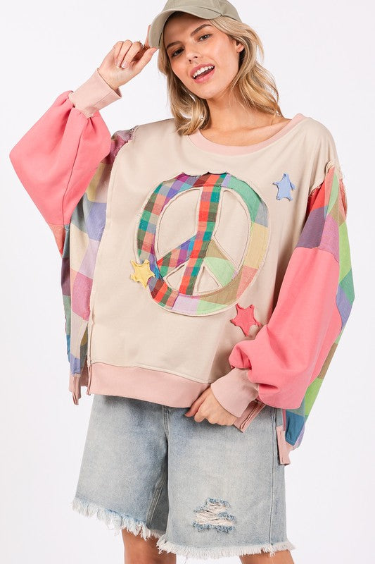 SAGE + FIG Coral Contrast Peace Patch Dropped Shoulder Sweatshirt Coral Multicolor