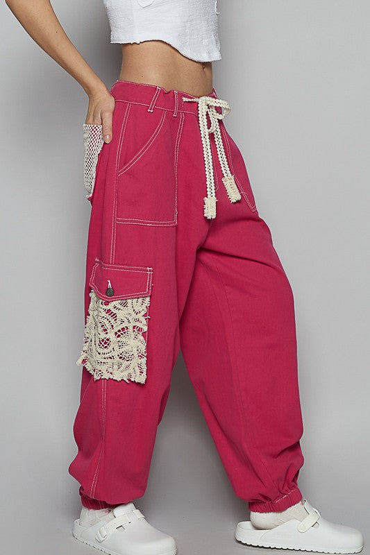 POL Cerise Crochet Overlay Pockets Drawstring Cotton Twill Pants