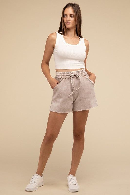 Zenana Acid Wash Fleece Drawstring Shorts with Pockets