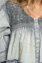 POL Washed Layered Lace Pintuck Flared Woven Blouse