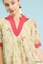 Umgee Butter Floral Puff Sleeve Dress with Contrast Trim