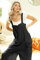 BiBi Back Gauze Buttoned Up Overall Jumpsuit with Pockets BLACK