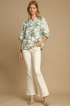 Umgee Sage Floral Pleated Detail Lace Trim Sleeve Blouse Shirts & Tops