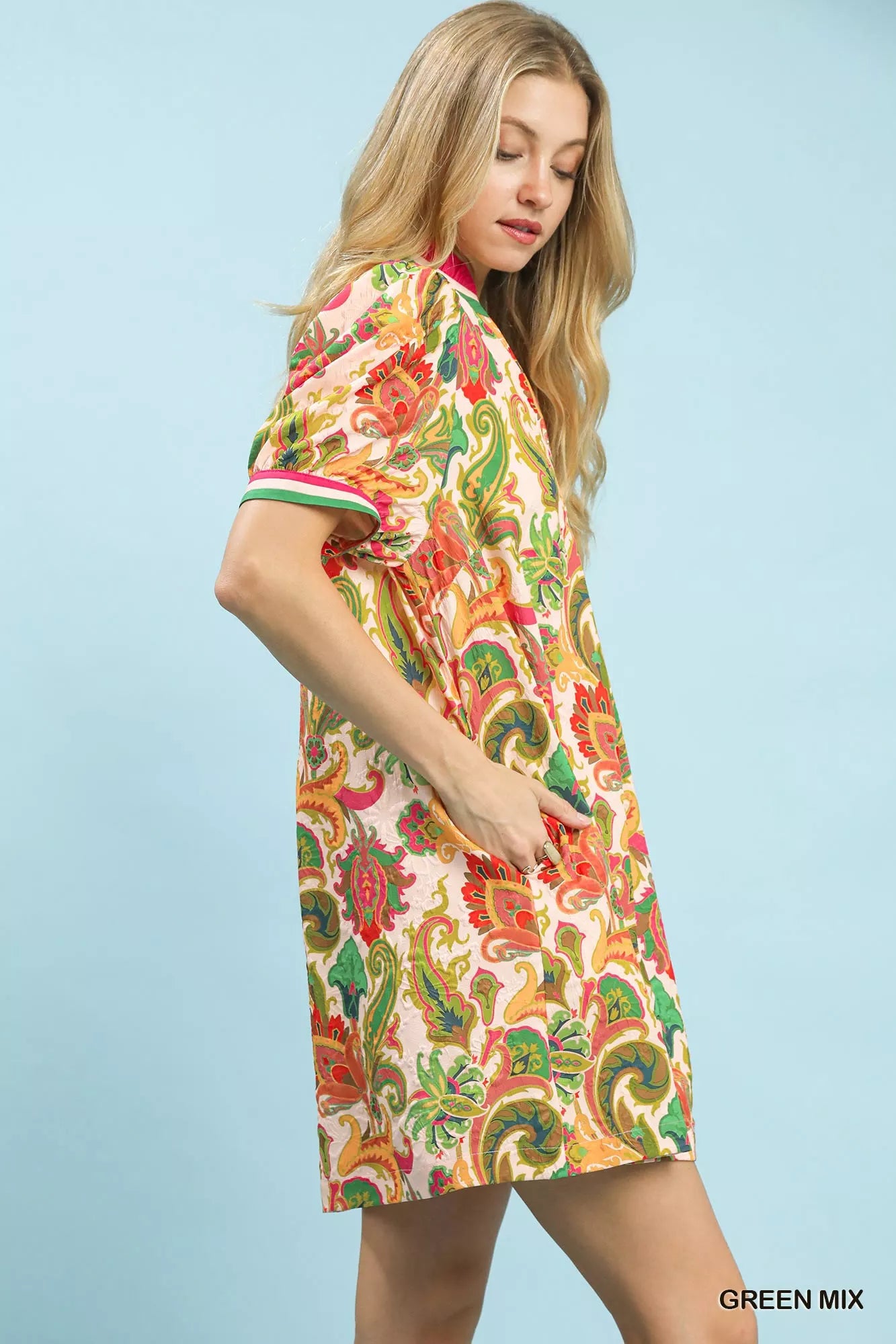 Umgee Green Mix Jacquard Abstract Print Mini Dress