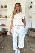 Double Take Geometric Textured Ruffle Short Sleeve Top and Wide Leg Pants Set Loungewear