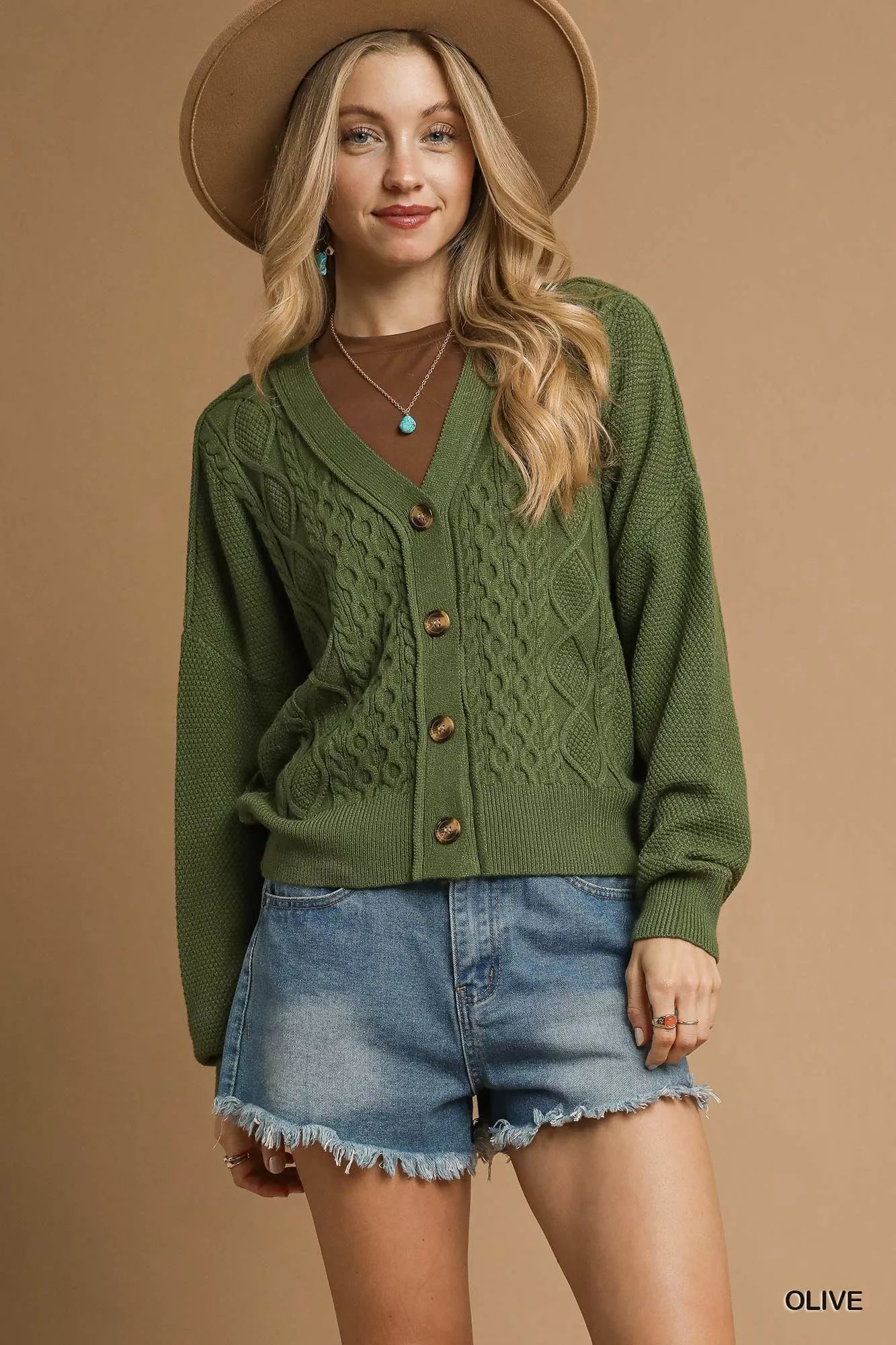 Umgee Chunky Cable Knit V-Neck Button-Up Cardigan Olive