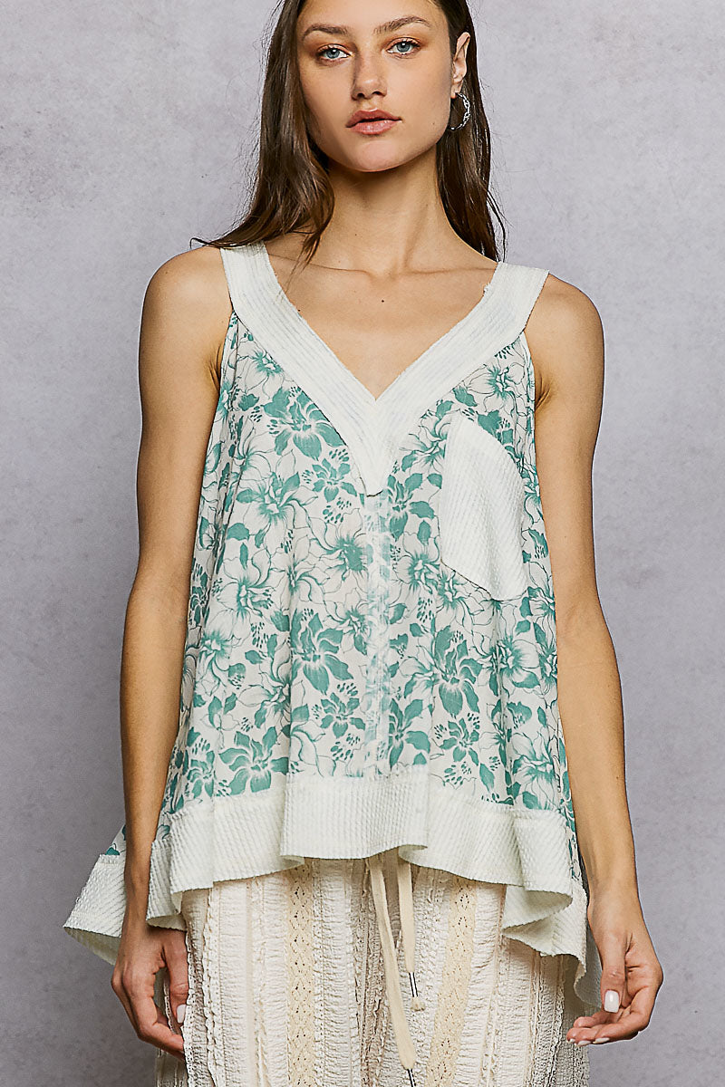 POL Floral V-Neck Tank with Front Pocket TEAL MULTI