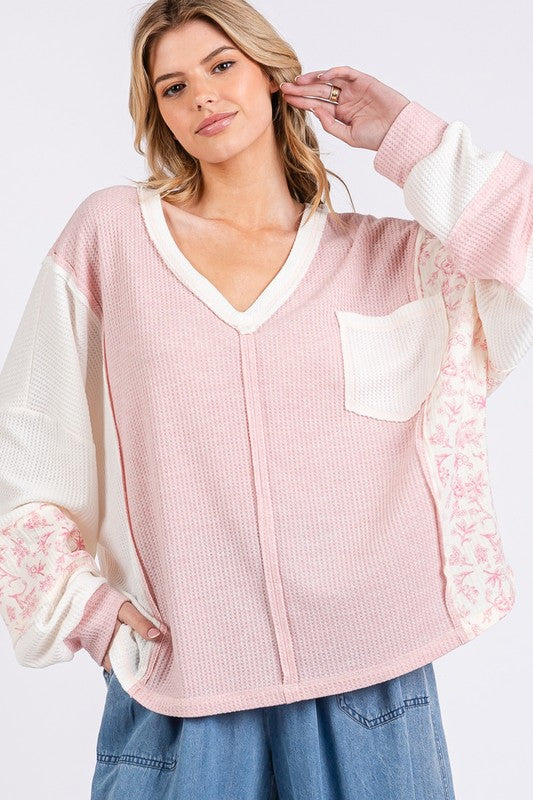 SAGE + FIG Blush Pink Floral Long Sleeve V-Neck Waffle Knit Top