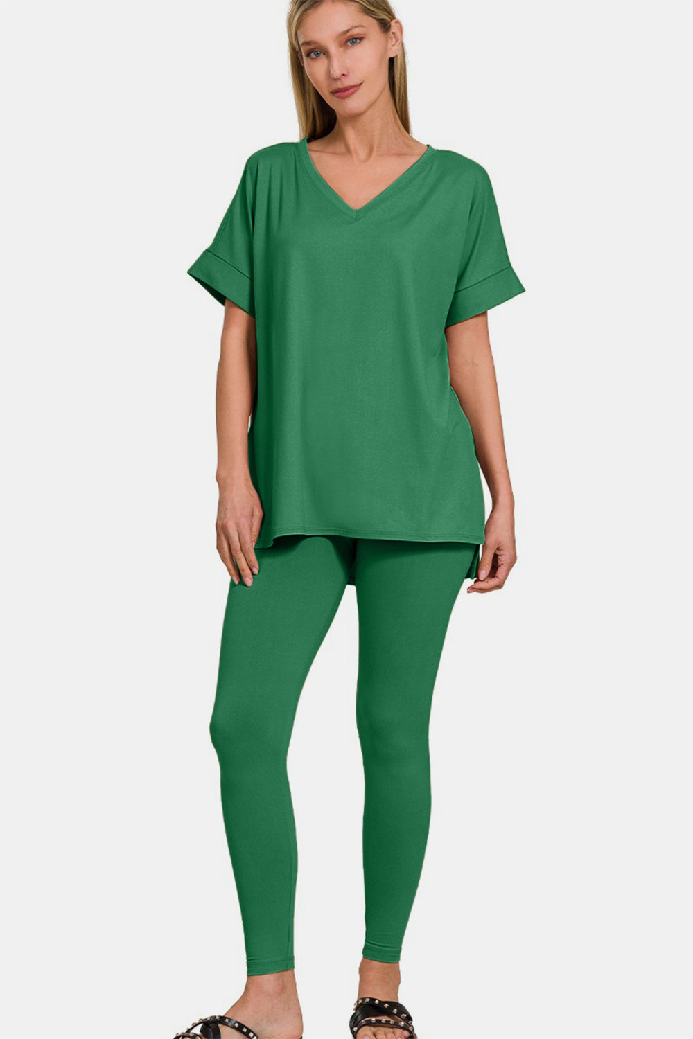 Zenana Forest Green V-Neck Rolled Short Sleeve T-Shirt and Leggings Lounge Set Trendsi