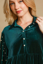 Umgee Pearl Detail Half Sleeve Velvet Babydoll Blouse in Hunter Green Shirts & Tops