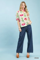 Umgee Cream Floral Print Puff Sleeve Blouse with Contrast Trim