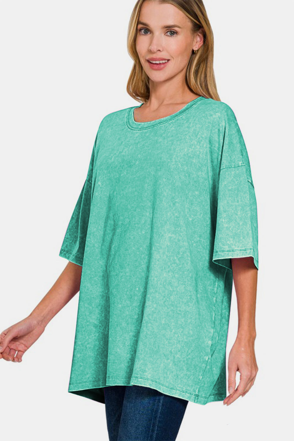 Zenana Turqoise Washed Round Neck Drop Shoulder Oversized T-Shirt Shirts & Tops