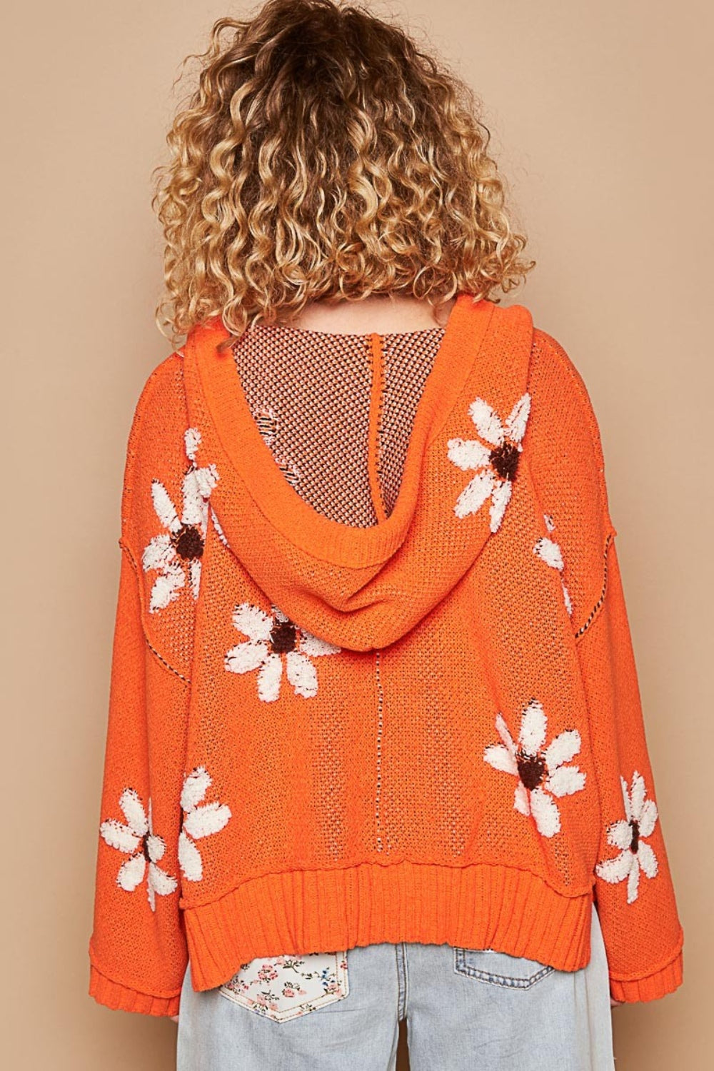 POL Orange Floral Pattern Hooded High-Low Sweater Trendsi