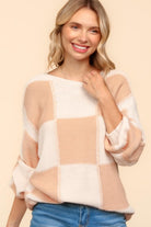 Haptics Apricot Checkered Round Neck Drop Shoulder Sweater Shirts & Tops