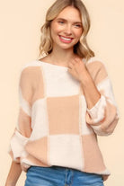 Haptics Apricot Checkered Round Neck Drop Shoulder Sweater
