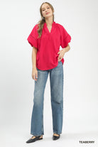 Umgee Teaberry Lace Trim Peasant Top